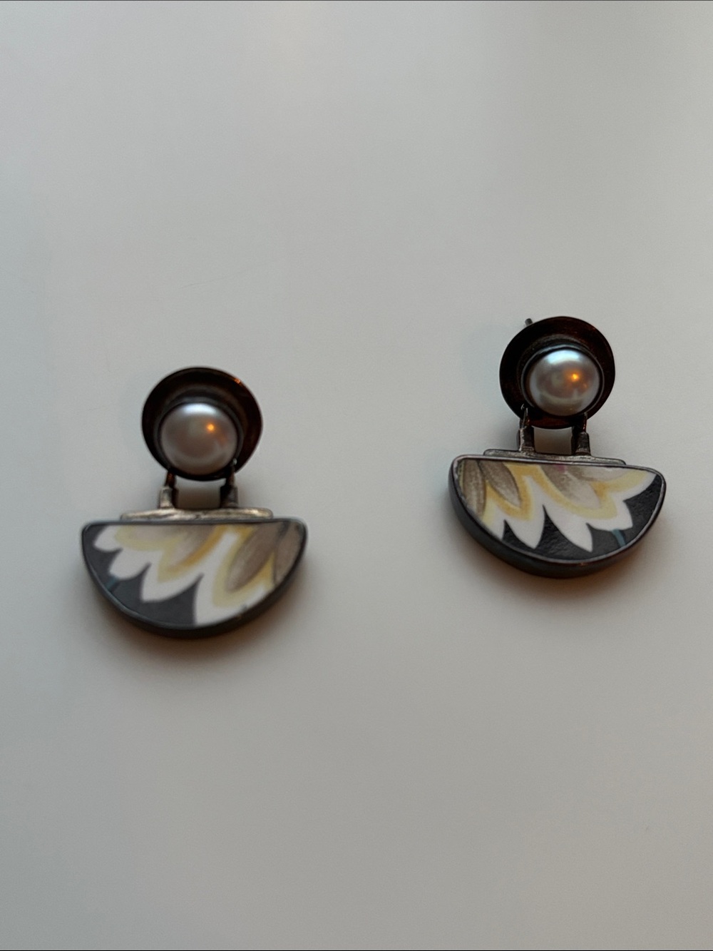 Native American Half-Moon Pearl Drop Earrings in Floral Pattern